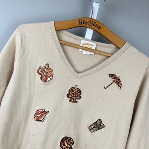 Vintage Y2K Tia Designs Tan Embroidered Top Womens M Animal Print Accessories‎
